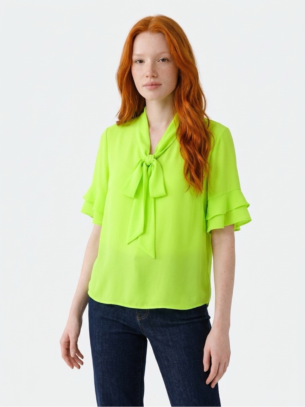 New York & Company Lime Green Tie Blouse